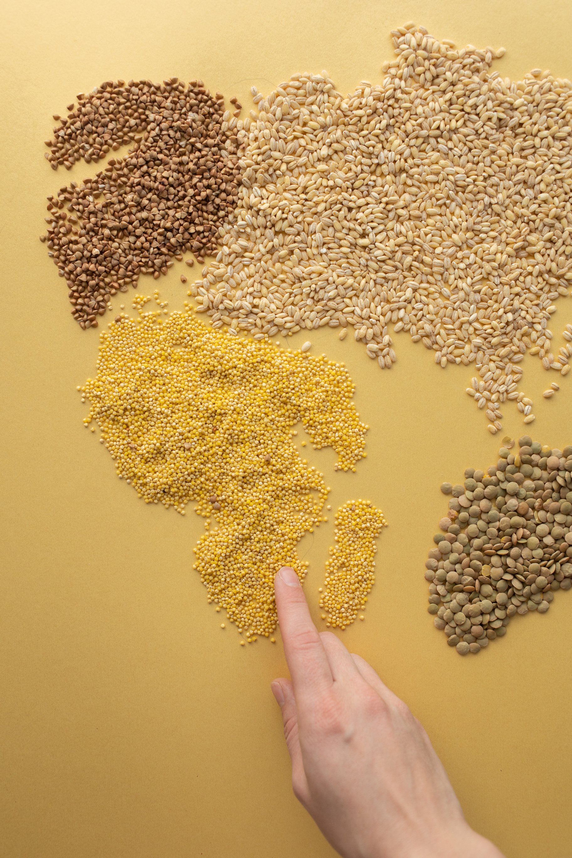 Faceless person making world map with cereals